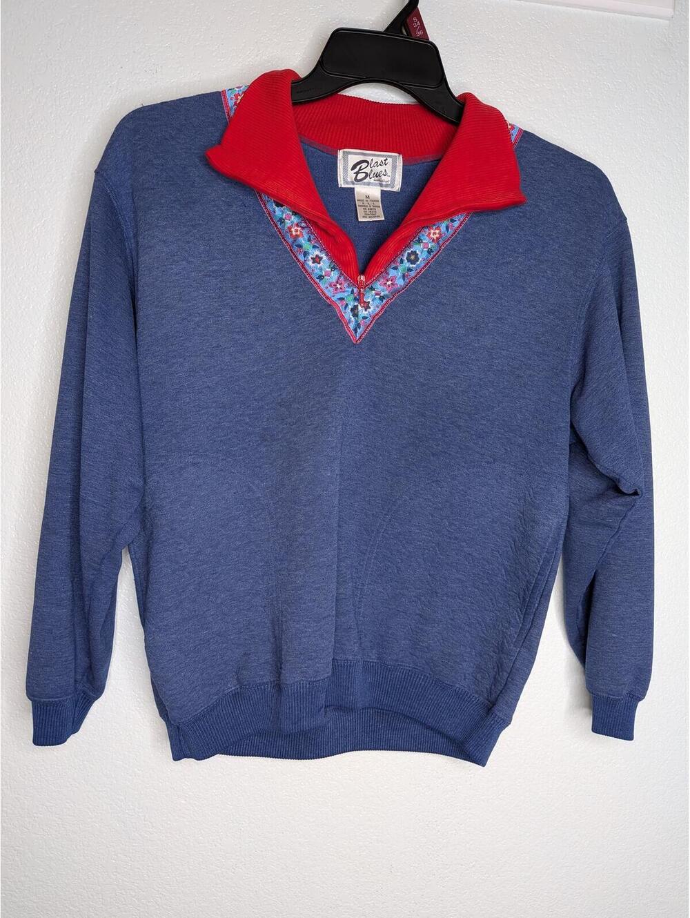 Vintage Blast Blues Quarter Zip Sweatshirt Women's M Blue Red Southwestern Trim